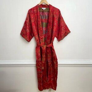 Vtg Whitby Washed Silk Kimono Robe Red Oriental Asian Size F1 Belt Pockets